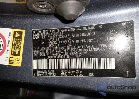 2018 Toyota Highlander Le Plus z USA, uszkodzony, nr VIN 5TDBZRFH3JS906139